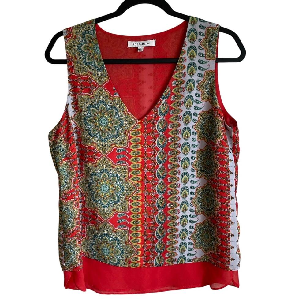 Rose + Olive Sleeveless Chiffon Layered Top Sz M Boho Chic Festival Red Multi